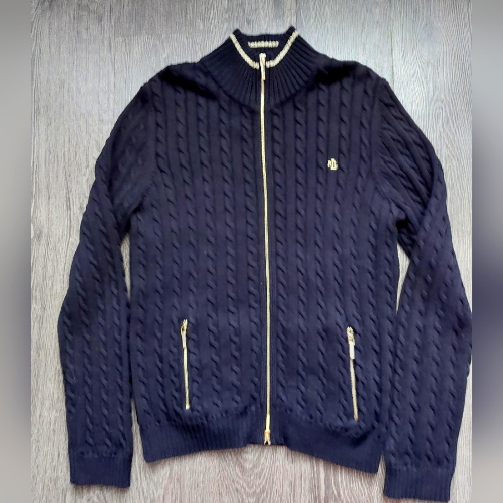 Lauren Ralph Lauren Navy Cable-Knit Zip Cardigan with Gold Hardware